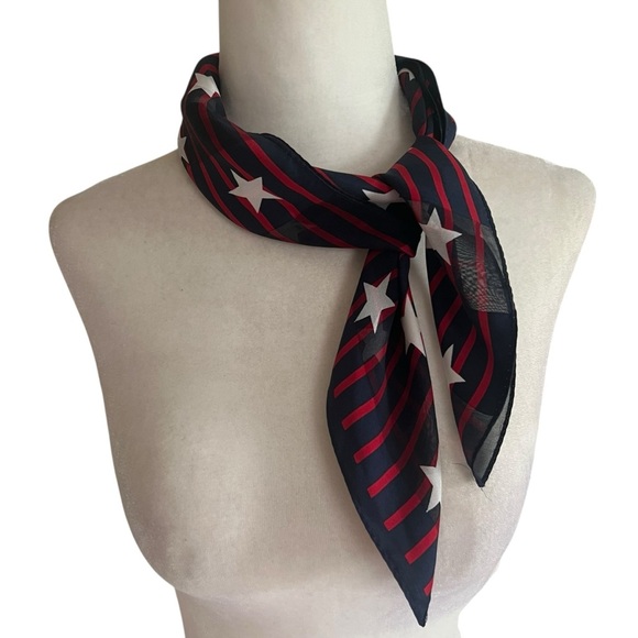 Vintage Sheer Star Print Square Scarf – Red White Blue‎ – 21”x21” Patriotic - Picture 4 of 5